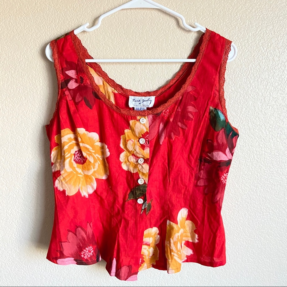 Rene Derby Vintage Red Floral Button Tank